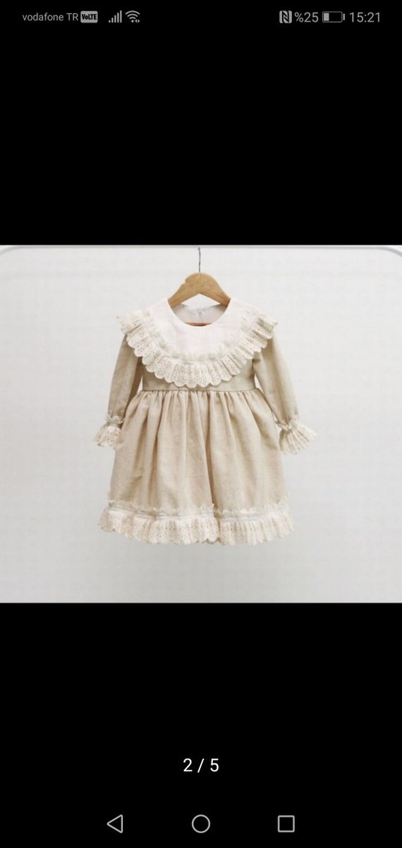 Bej Kız Çocuk Keten Fırfırlı Elbise - Görsel 4