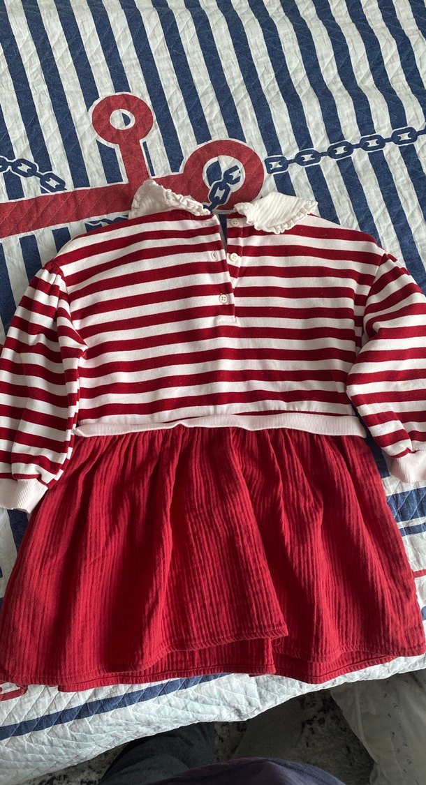Kız Çocuk Kırmızı Çizgili Fırfırlı Elbise - Görsel 2