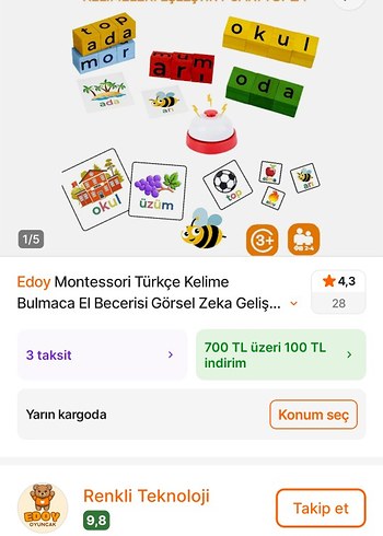  Beden Edoy Montessori Türkçe Kelime Bulmaca Oyunu