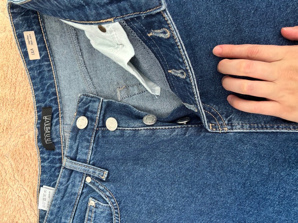 Düğmeli Lacivert Bol Kesim Kadın Kot Pantolon - Görsel 5