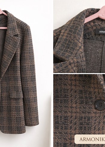 Kadın Ekose Desenli Düğmeli Blazer Ceket - Görsel 2