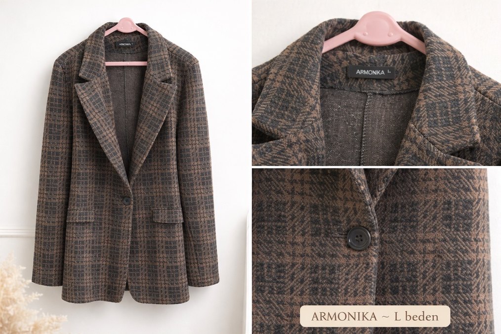 Kadın Ekose Desenli Düğmeli Blazer Ceket - Görsel 2