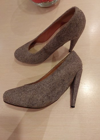 Gri Yün Örgü Stiletto Kadın Topuklu Ayakkabı - Görsel 3