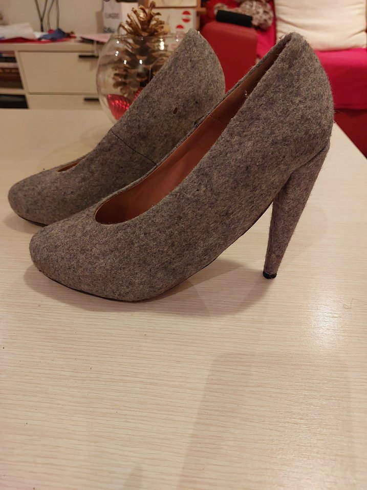 Gri Yün Örgü Stiletto Kadın Topuklu Ayakkabı - Görsel 2