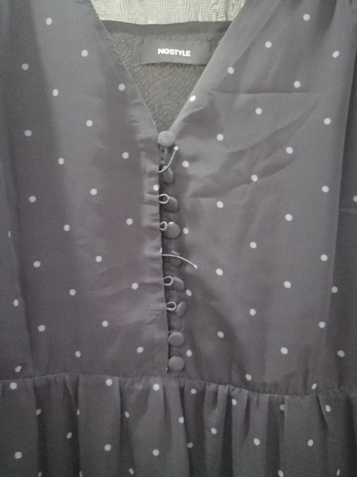 Siyah Puantiyeli V Yakalı Mini ifon Elbise - Görsel 3