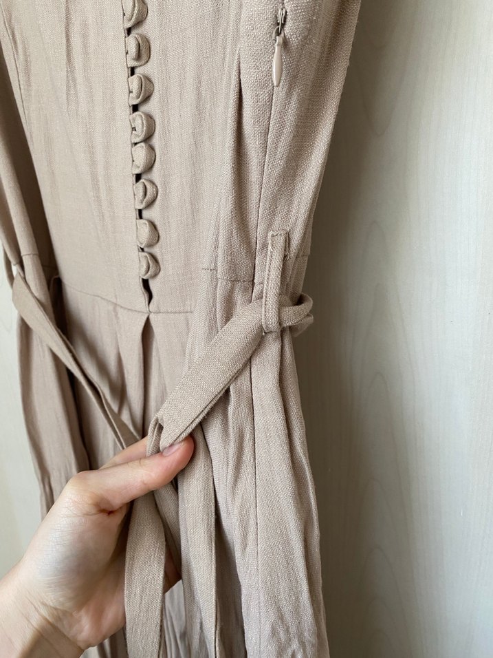 Bej Keten Kadın Uzun Elbise - Görsel 4