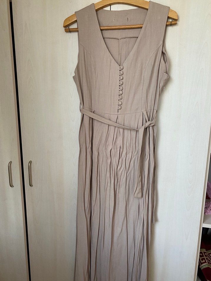 Bej Keten Kadın Uzun Elbise - Görsel 2