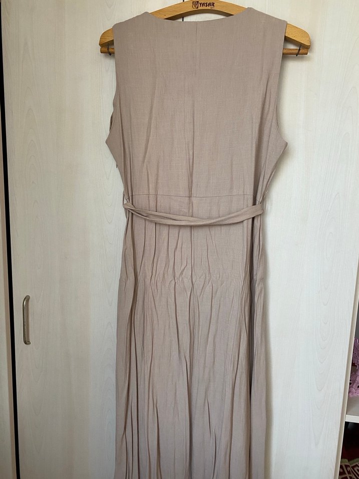 Bej Keten Kadın Uzun Elbise - Görsel 3