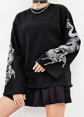 İspanyol kol Ejderha Oversize Sweatshirt