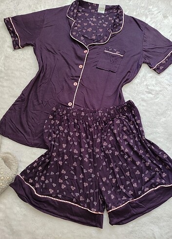 l Beden mor Renk Şortlu pijama takımı gömlek pijama