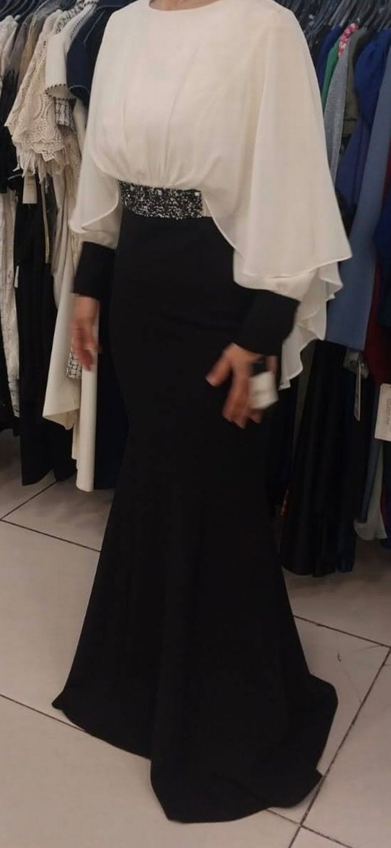 Siyah Uzun Kollu Drapeli Uzun Abiye Elbise - Görsel 2