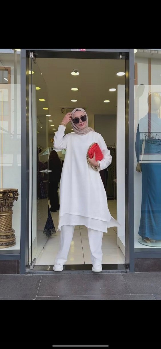 Drapeli Uzun Beyaz Kadın Takım - Görsel 3