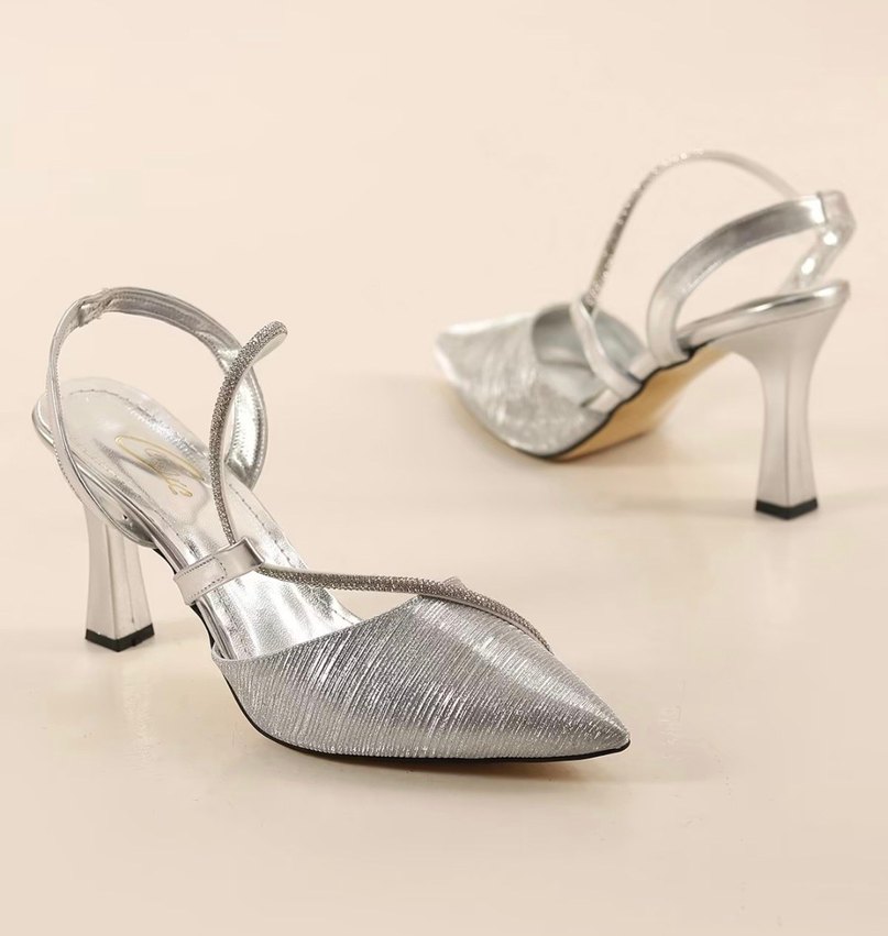 Gri Yılan Desenli Payetli İnce Topuklu Kadın Ayakkabı - Görsel 2