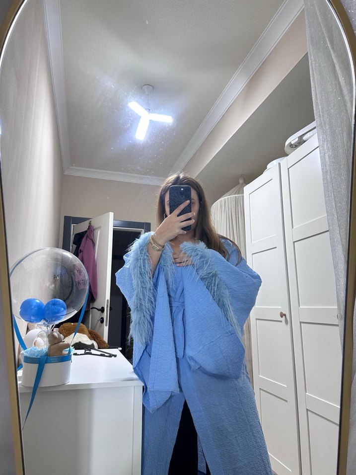 Mavi Bağlamalı Salaş Uzun Kadın Sabahlık - Görsel 2