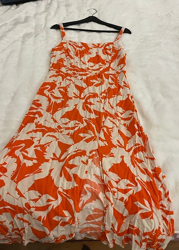 Turuncu Baskılı Kolsuz Midi elbise - Görsel 3