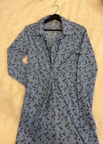 Bebek mavisi siyah minik çiçek detaylı gömlek elbise - Görsel 2