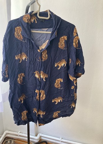 H&M Düğmeli Lacivert Leopar Desenli Gömlek