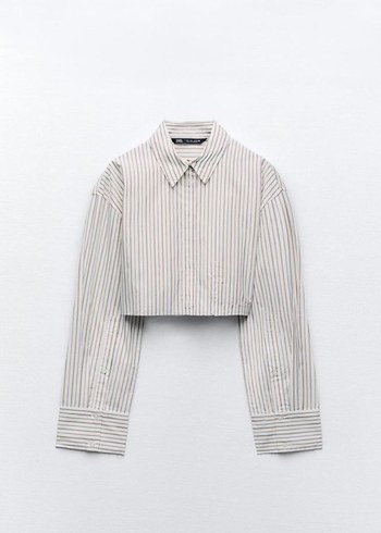Zara Bej Kahve Çizgili Kısa Kesim Crop Kadın Gömlek