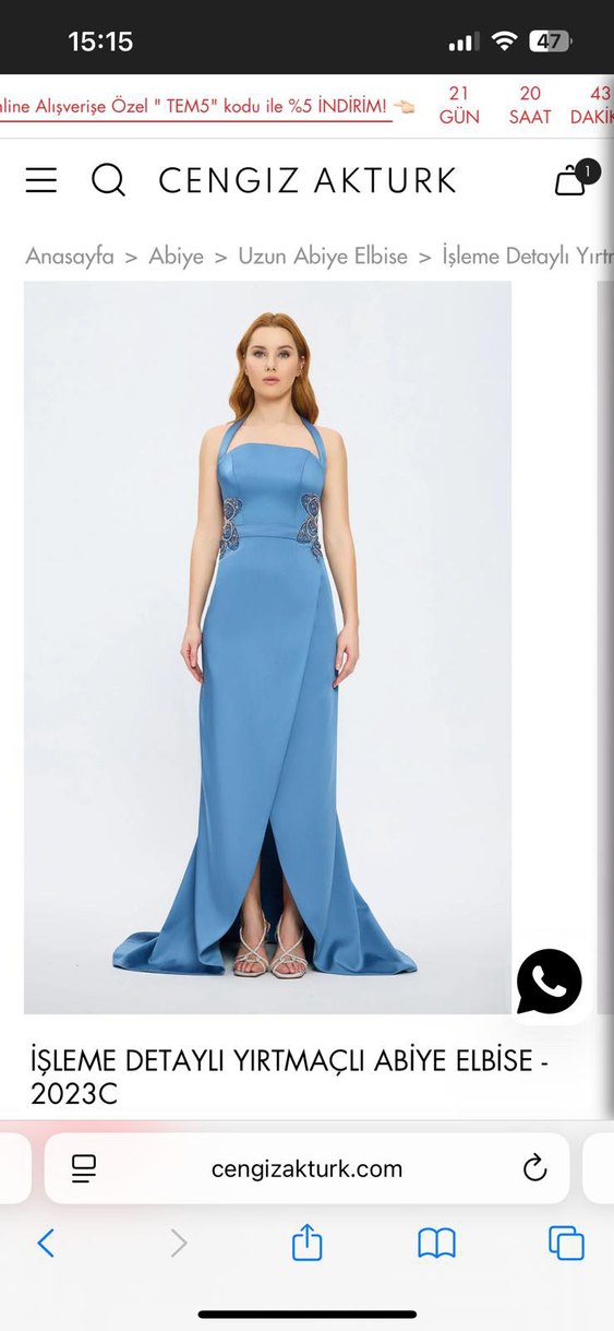 İşlemeli Yırtmaçlı Mavi Uzun Abiye Elbise - Görsel 3