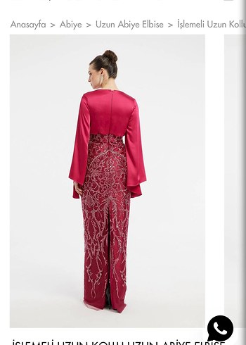 İşlemeli Uzun Kollu Bordo Abiye Elbise - Görsel 2