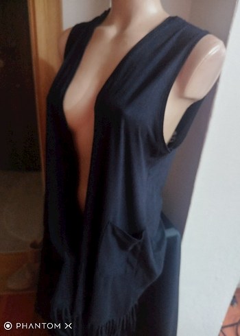 Siyah V Yaka nubuk püsküllü yelek - Görsel 2