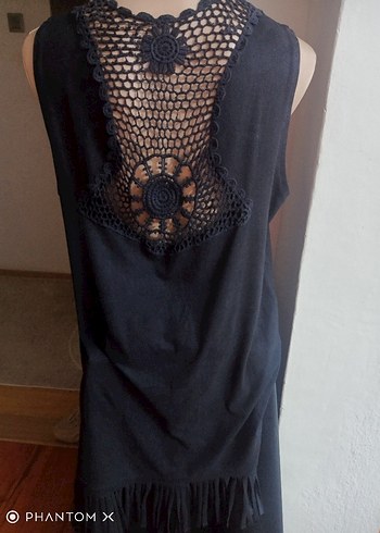 Siyah V Yaka nubuk püsküllü yelek - Görsel 4