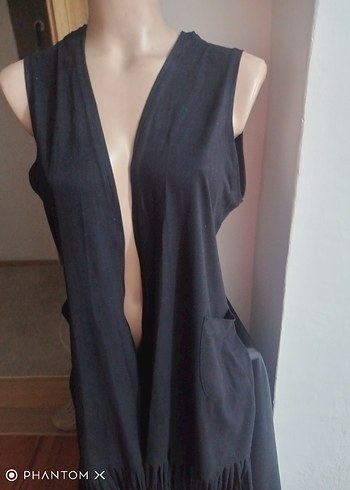 Siyah V Yaka nubuk püsküllü yelek - Görsel 3