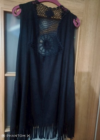 Siyah V Yaka nubuk püsküllü yelek - Görsel 8