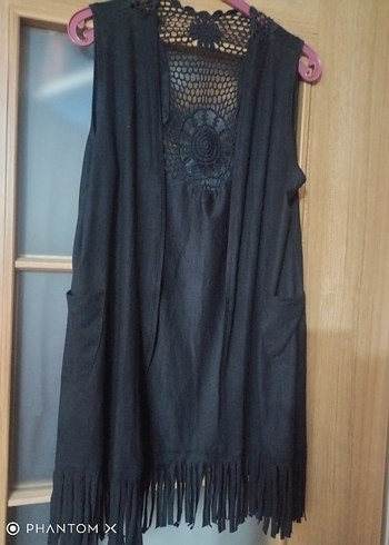 Siyah V Yaka nubuk püsküllü yelek - Görsel 7