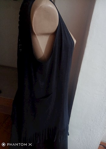 Siyah V Yaka nubuk püsküllü yelek - Görsel 5