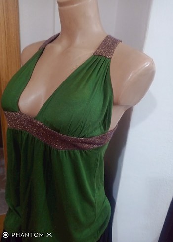 m Beden Yeşil V Yaka Drapeli Mini Bluz