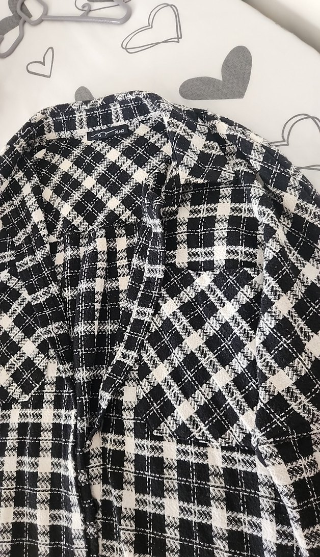 Siyah Kareli Kadın ceket, Düğmeli, Uzun Kollu - Görsel 3