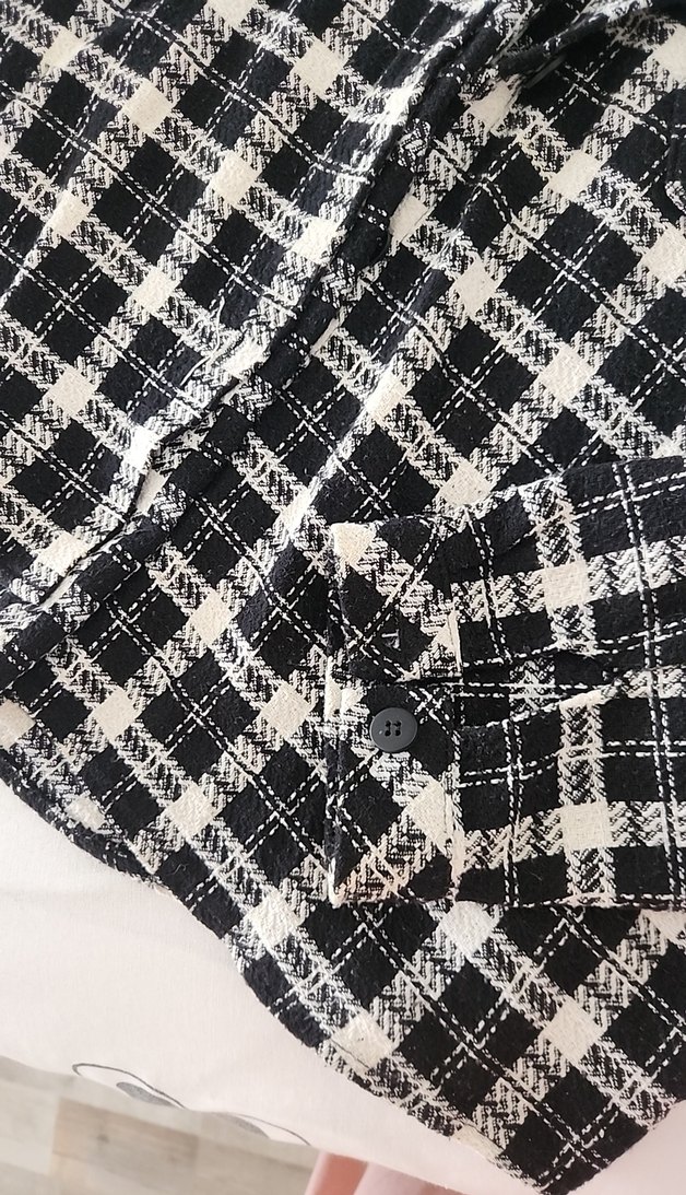 Siyah Kareli Kadın ceket, Düğmeli, Uzun Kollu - Görsel 4