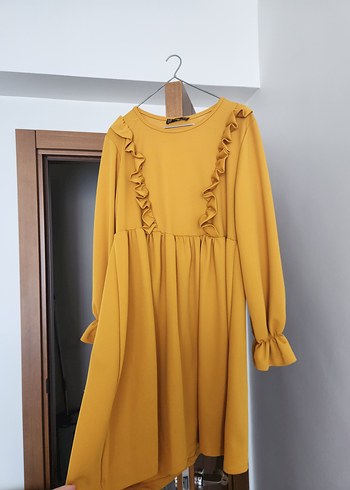 Uzun Kollu Sarı Fırfırlı Kadın Tunik - Görsel 3