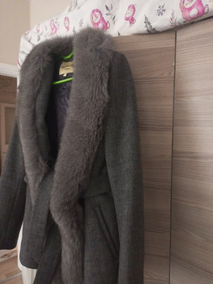 Gri Kabarık Yaka Detaylı Kaban - Görsel 4