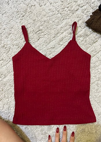 Bordo V Yaka İnce Askılı Örme Mini Atlet