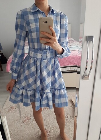 TRENDYOLMİLLA Mavi Kemerli Ekose Elbise