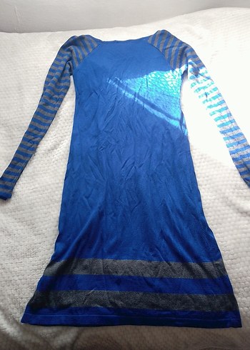 Mavi Uzun Kollu Drapeli Triko Elbise - Görsel 4