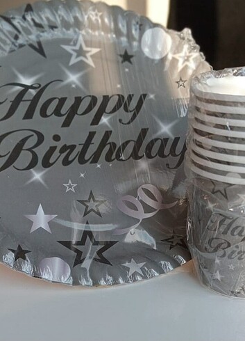  Beden Gri Happy birthday yazılı tabak&bardak