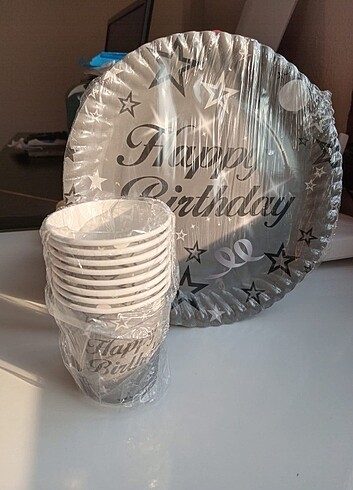  Beden Renk Gri Happy birthday yazılı tabak&bardak