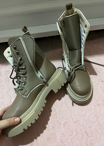 Bej krem Deri Bağcıklı Kadın Bot postal - Görsel 2