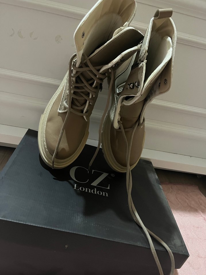 Bej krem Deri Bağcıklı Kadın Bot postal - Görsel 4