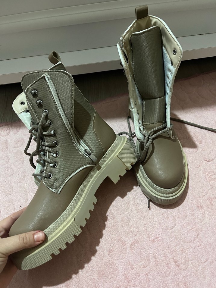 Bej krem Deri Bağcıklı Kadın Bot postal - Görsel 2