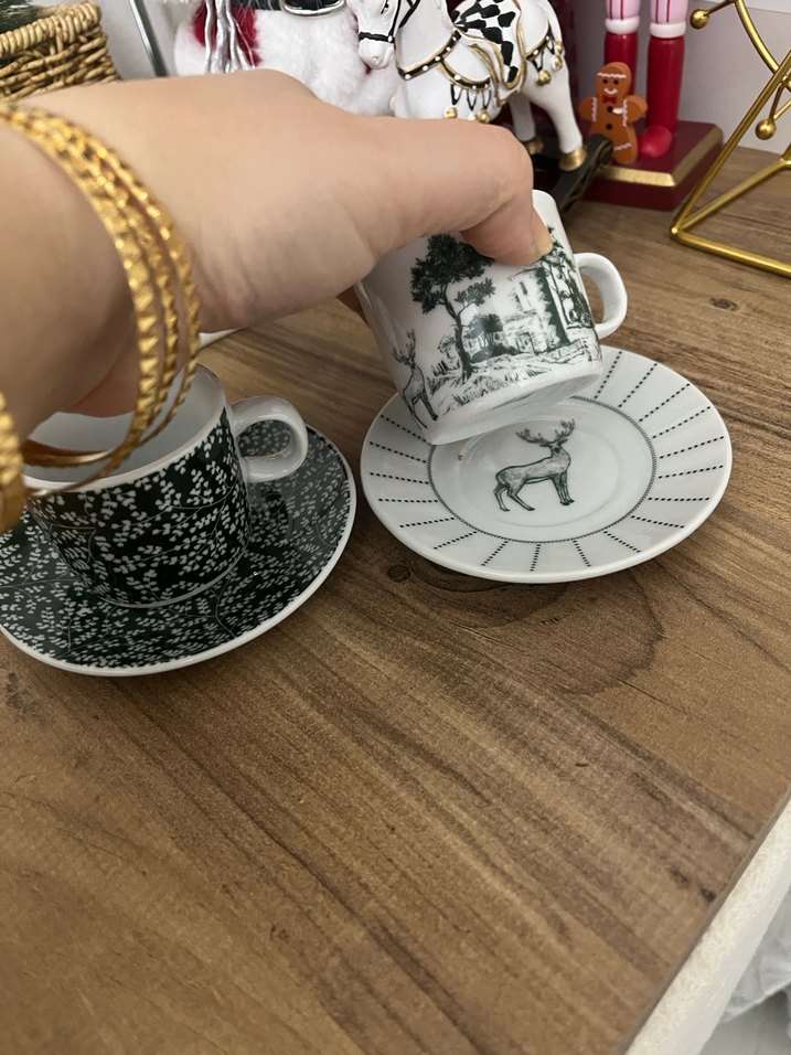 Desenli yeşil Beyaz Kahve Fincanı ve Tabağı Seti - Görsel 2