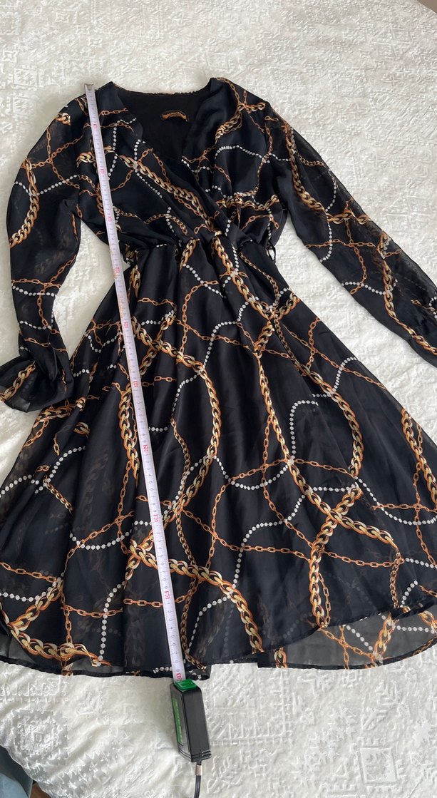 Siyah Zincir Desenli Uzun Elbise - Görsel 2