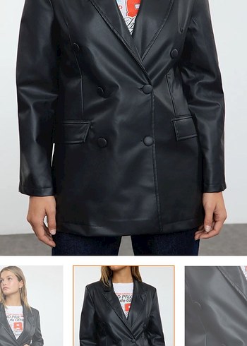 Siyah Deri Midi Ceket, Düğmeli, Ofis Şıklığı - Görsel 2