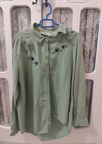 Nakışlı Yeşil Uzun Kollu Gömlek - Görsel 3