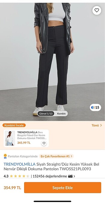 Trendyol & Milla Siyah Düz Kesim Yüksek Bel Nervür Dikişli Dokuma Pantolon