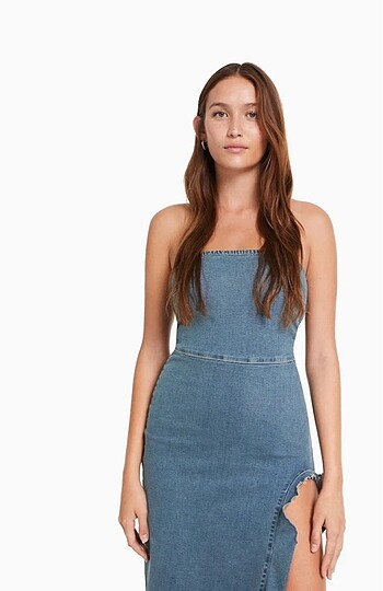 Bershka Fırfırlı Denim Straplez Midi Elbise