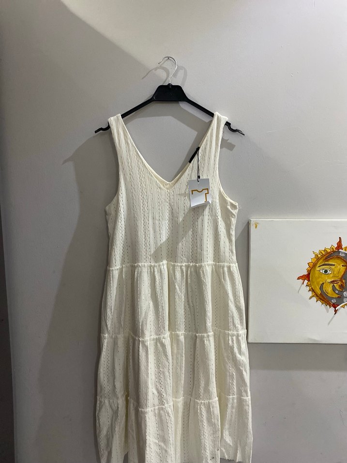 V YakaBohem Midi Keten Elbise - Görsel 3